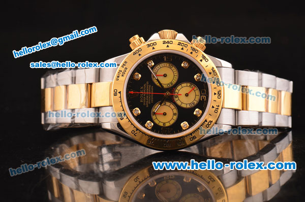 Rolex Daytona Swiss Valjoux 7750-SHG Automatic Two Tone Case/Strap with Black Dial and Diamond Markers - Click Image to Close